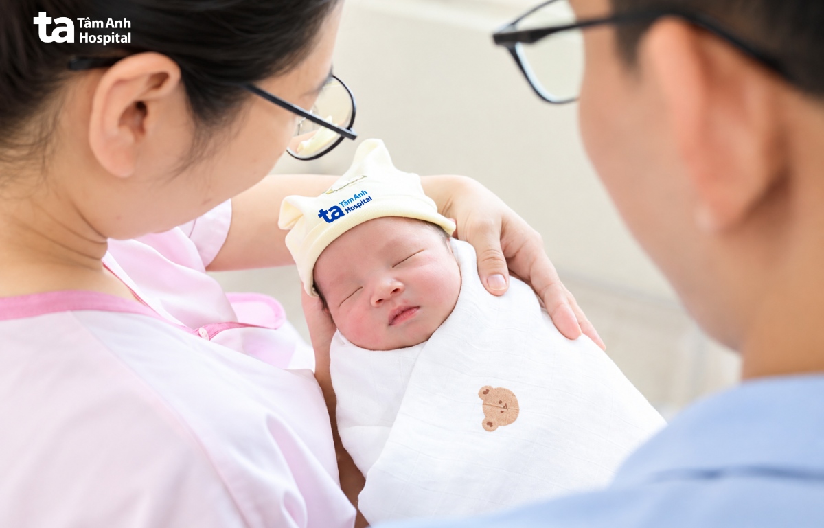 vợ chồng chị lan bên con trai mới sinh